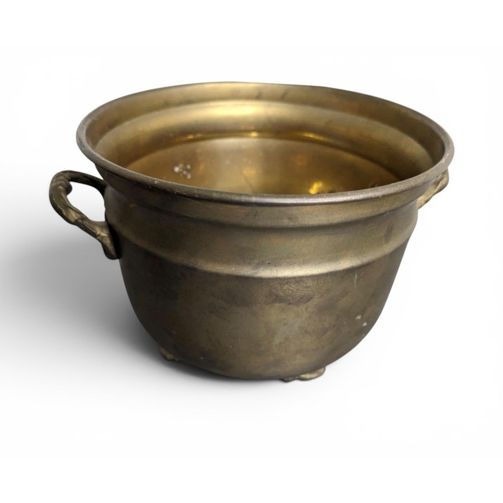 Vintage Solid Brass Planter Pot Footed 2 Handled Decor Made In India